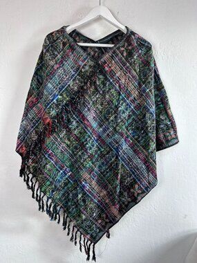 Womens Colorful Fringe Hem Plaid Poncho Guatemala Cotton Lightweight Boho